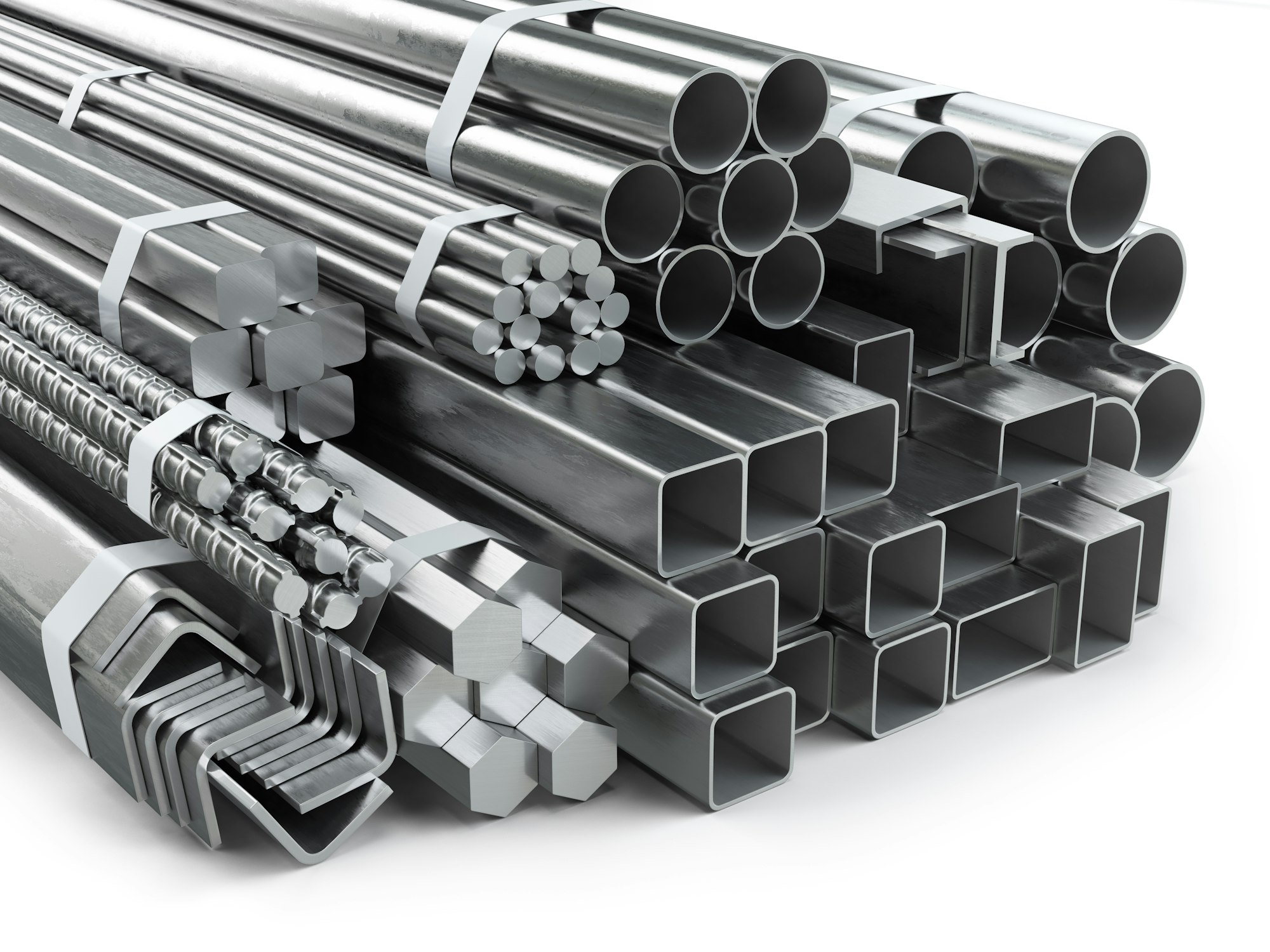 Different metal products. Stainless steel profiles and tubes.