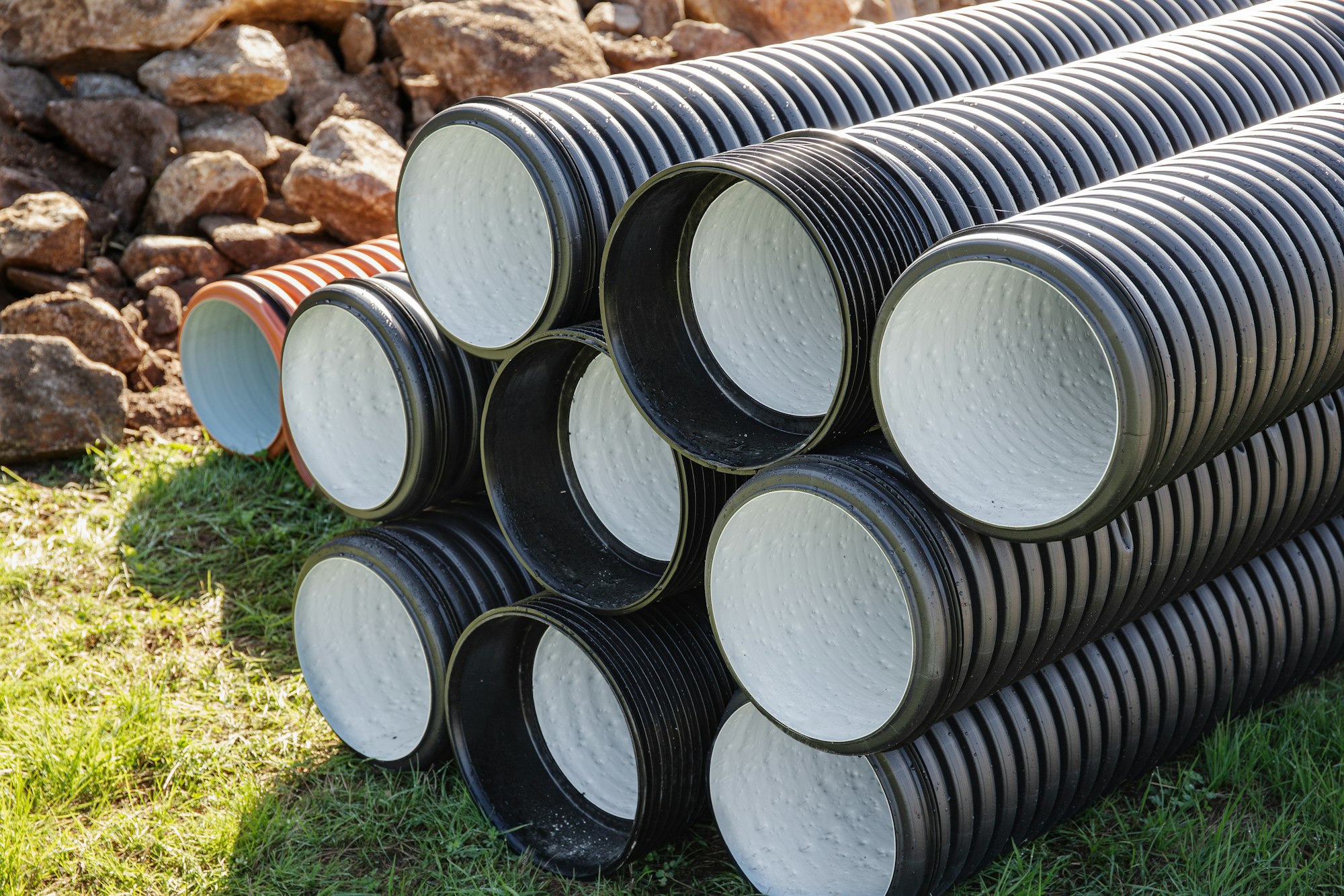 Pile of Polyethylene drainage pipes